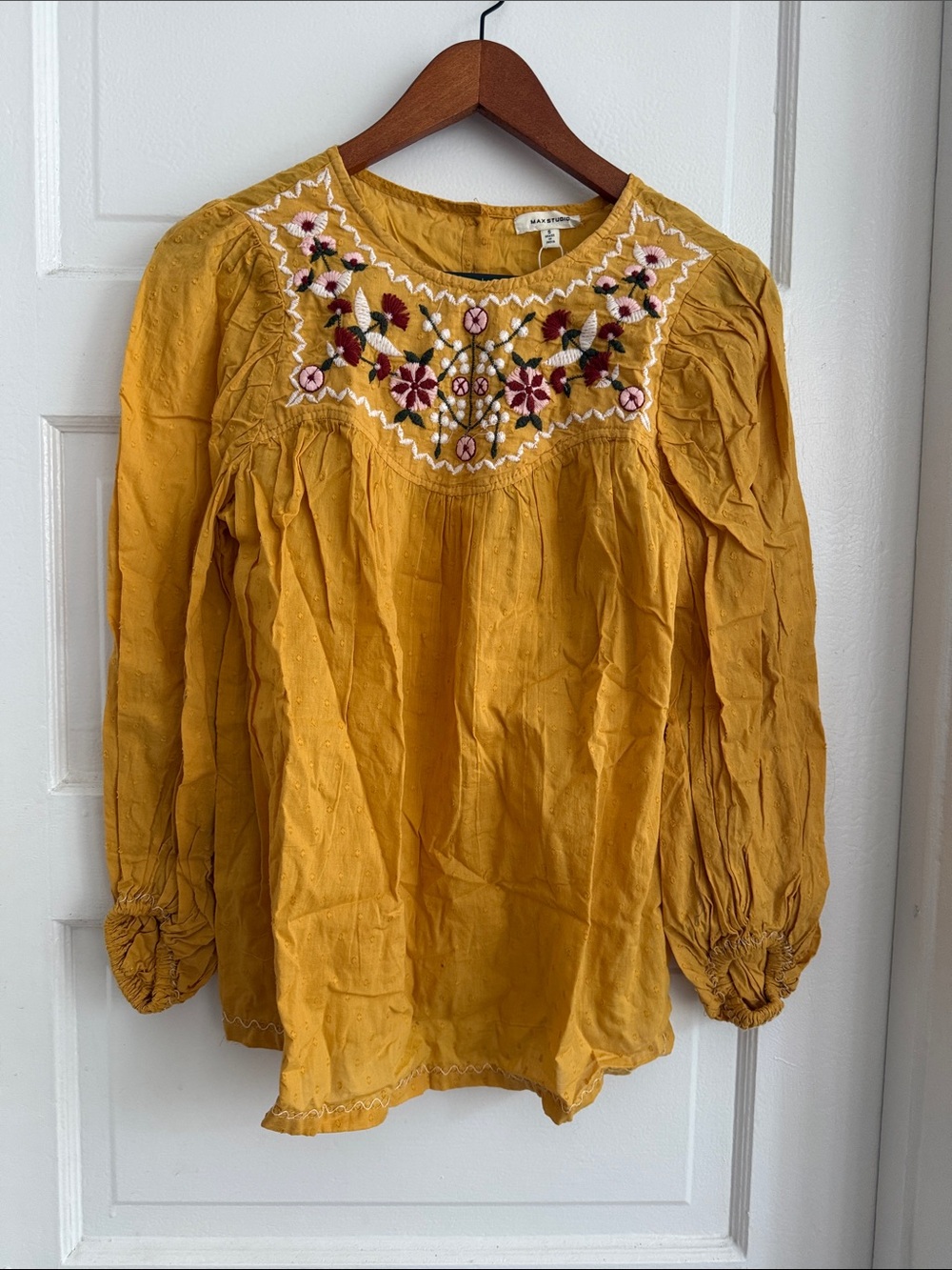 Max Studio Mustard Embroidered Peasant Tunic